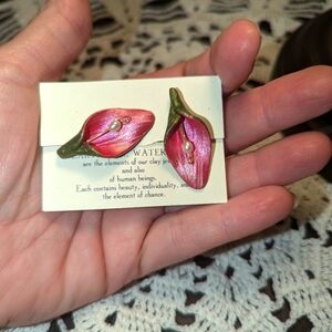 Pink and Green Floral Clip On Earrings